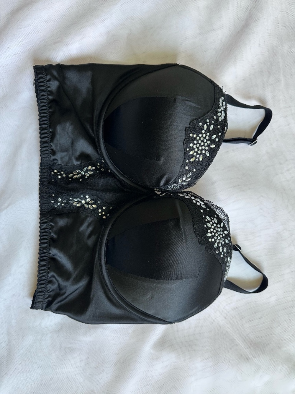 Black Satin & Lace Longline Bustier - Rhinestone Detail